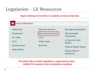Legislation - LII Resources
Again looking at Cornell’s LII website at law.cornell.edu
Provides links to state legislation, organized by topic.
Helpful for research and comparative analysis.
 