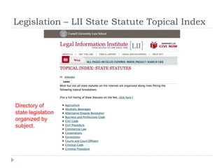 Legislation – LII State Statute Topical Index
Directory of
state legislation
organized by
subject.
 