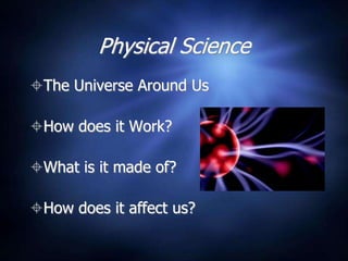Physical Science
The Universe Around Us

How does it Work?

What is it made of?

How does it affect us?
 