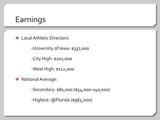 EarningsLocal Athletic Directors:		-University of Iowa: $337,000		-City High: $102,000		-West High: $112,000National Average: 		-Secondary: $81,000 ($54,000-140,000)		-Highest: @Florida ($965,000)
