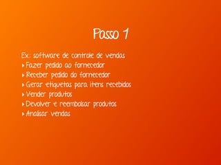 Passo 1
Ex.: software de controle de vendas
‣ Fazer pedido ao fornecedor
‣ Receber pedido do fornecedor
‣ Gerar etiquetas para itens recebidos
‣ Vender produtos
‣ Devolver e reembolsar produtos
‣ Analisar vendas
 
