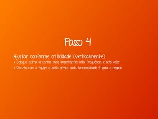 Passo 4
Ajustar conforme criticidade (verticalmente)
‣ Coloque acima as cartas mais importantes: alta frequência e alto valor.
‣ Discuta com a equipe o quão crítico cada funcionalidade é para o negócio
 
