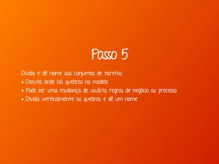 Passo 5
Divida e dê nome aos conjuntos de tarefas
‣ Discuta onde há quebras no modelo
‣ Pode ser uma mudança de usuário, regras de negócio ou processo
‣ Divida verticalmente as quebras e dê um nome
 