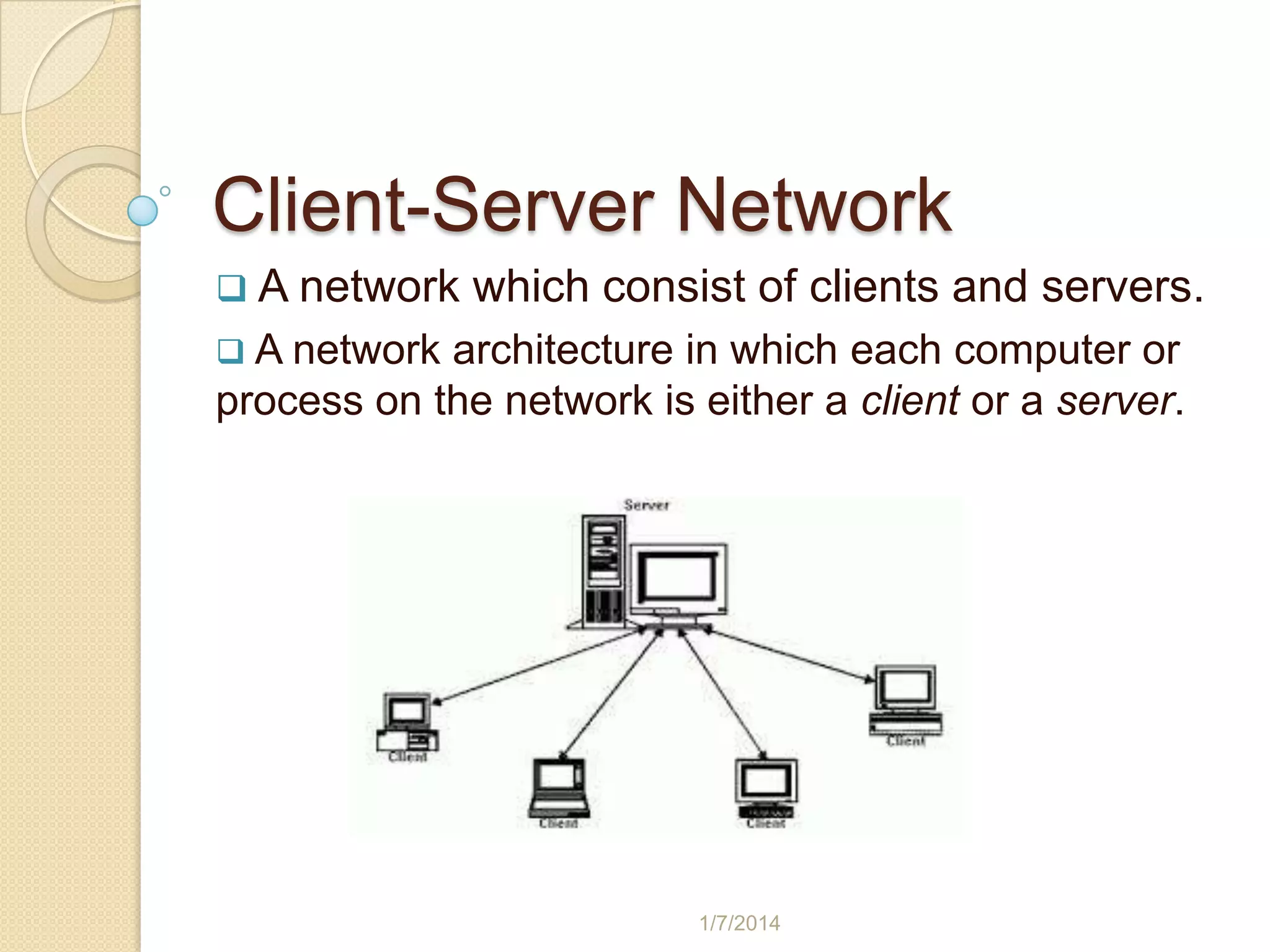 Client-Server Network
 A network

which consist of clients and servers.

 A network

architecture in which each computer or
process on the network is either a client or a server.

1/7/2014

 