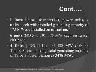 Cont…..
 It have houses fourteen(14), power units, 4
units, each with installed generating capacity of
175 MW are installed on tunnel no. 1
 6 units (NO.5 to 10), 175 MW each on tunnel
NO.2 and
 4 Units ( NO.11-14) of 432 MW each on
Tunnel 3, thus making total generating capacity
of Tarbela Power Station as 3478 MW.
Barrages & Dams in Pakistan By DR. Izharul Haq (Secretary Pak. Engg. Congress)
20
 