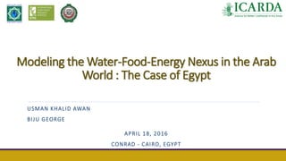 Modeling the Water-Food-Energy Nexus in the Arab
World : The Case of Egypt
USMAN KHALID AWAN
BIJU GEORGE
APRIL 18, 2016
CONRAD - CAIRO, EGYPT
 