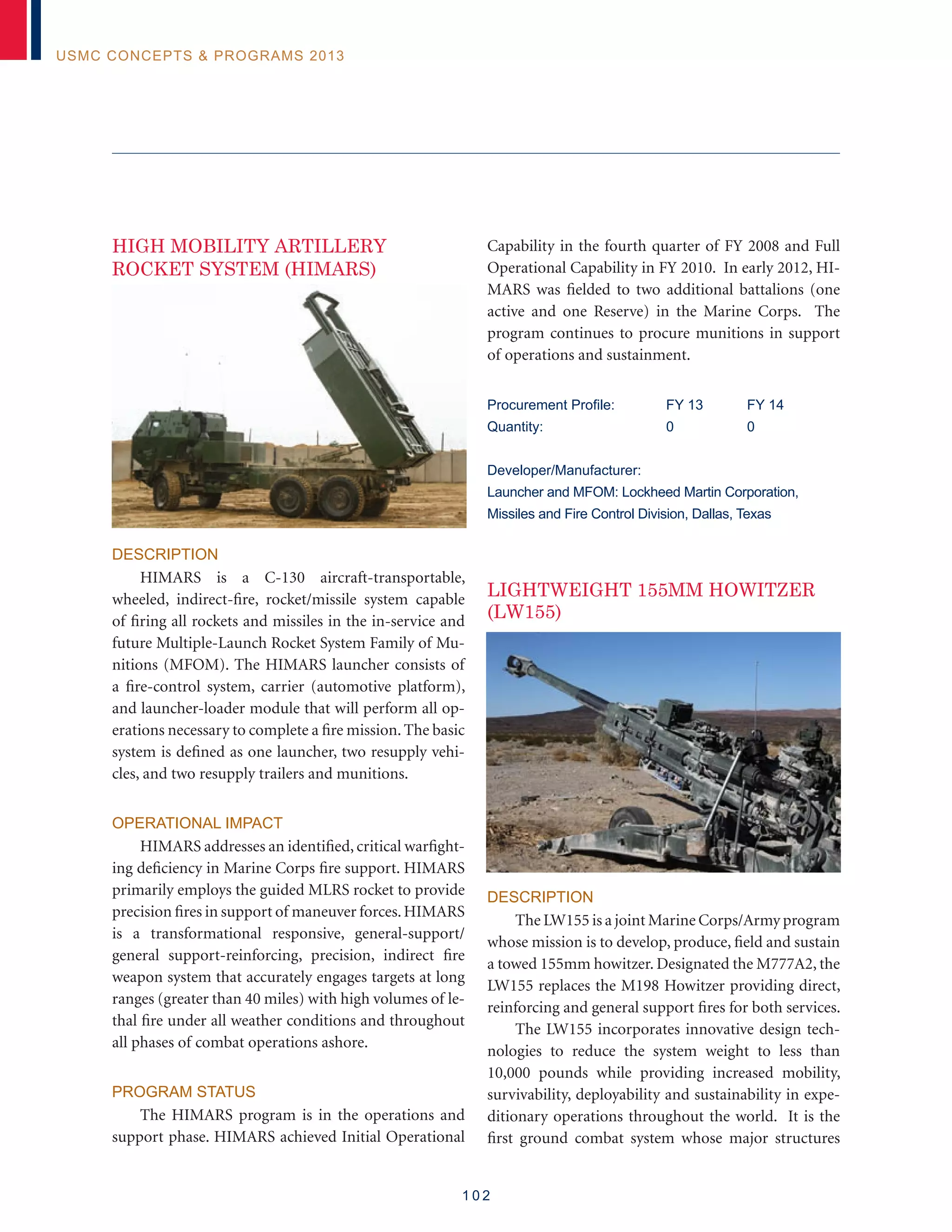 1 0 2
USMC Concepts  Programs 2013
HIGH MOBILITY ARTILLERY
ROCKET SYSTEM (HIMARS)
Description
HIMARS is a C-130 aircraft-transportable,
wheeled, indirect-fire, rocket/missile system capable
of firing all rockets and missiles in the in-service and
future Multiple-Launch Rocket System Family of Mu-
nitions (MFOM). The HIMARS launcher consists of
a fire-control system, carrier (automotive platform),
and launcher-loader module that will perform all op-
erations necessary to complete a fire mission. The basic
system is defined as one launcher, two resupply vehi-
cles, and two resupply trailers and munitions.
Operational Impact
HIMARS addresses an identified, critical warfight-
ing deficiency in Marine Corps fire support. HIMARS
primarily employs the guided MLRS rocket to provide
precision fires in support of maneuver forces.HIMARS
is a transformational responsive, general-support/
general support-reinforcing, precision, indirect fire
weapon system that accurately engages targets at long
ranges (greater than 40 miles) with high volumes of le-
thal fire under all weather conditions and throughout
all phases of combat operations ashore.
Program Status
The HIMARS program is in the operations and
support phase. HIMARS achieved Initial Operational
Capability in the fourth quarter of FY 2008 and Full
Operational Capability in FY 2010. In early 2012, HI-
MARS was fielded to two additional battalions (one
active and one Reserve) in the Marine Corps. The
program continues to procure munitions in support
of operations and sustainment.
Procurement Profile:	 FY 13	 FY 14
Quantity: 	 0	 0
Developer/Manufacturer:
Launcher and MFOM: Lockheed Martin Corporation,
Missiles and Fire Control Division, Dallas, Texas
LIGHTWEIGHT 155MM HOWITZER
(LW155)
Description
The LW155 is a joint Marine Corps/Army program
whose mission is to develop, produce, field and sustain
a towed 155mm howitzer. Designated the M777A2, the
LW155 replaces the M198 Howitzer providing direct,
reinforcing and general support fires for both services.
The LW155 incorporates innovative design tech-
nologies to reduce the system weight to less than
10,000 pounds while providing increased mobility,
survivability, deployability and sustainability in expe-
ditionary operations throughout the world. It is the
first ground combat system whose major structures
 