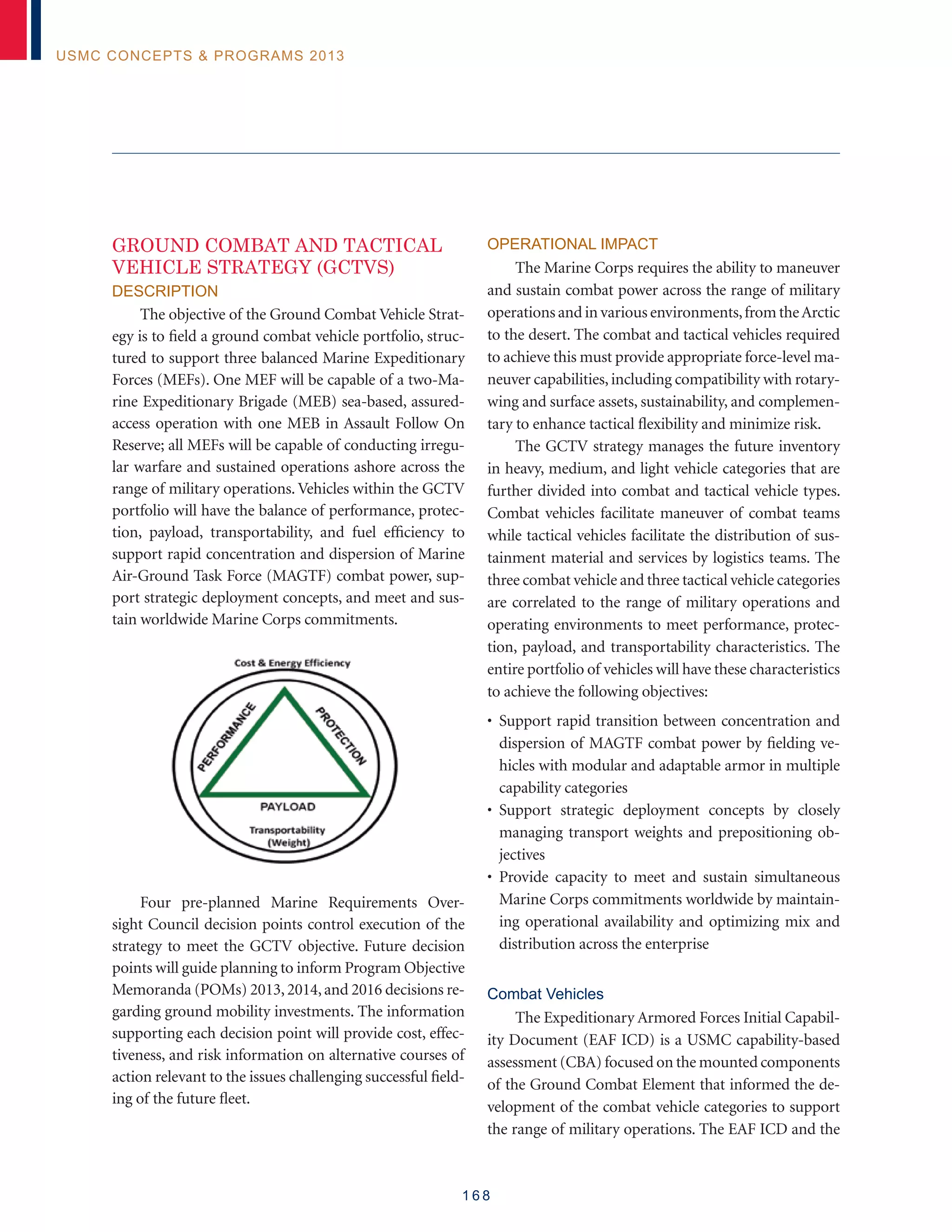 1 6 8
USMC Concepts  Programs 2013
GROUND COMBAT and TACTICAL
VEHICLE STRATEGY (GCTVS)
Description
The objective of the Ground Combat Vehicle Strat-
egy is to field a ground combat vehicle portfolio, struc-
tured to support three balanced Marine Expeditionary
Forces (MEFs). One MEF will be capable of a two-Ma-
rine Expeditionary Brigade (MEB) sea-based, assured-
access operation with one MEB in Assault Follow On
Reserve; all MEFs will be capable of conducting irregu-
lar warfare and sustained operations ashore across the
range of military operations. Vehicles within the GCTV
portfolio will have the balance of performance, protec-
tion, payload, transportability, and fuel efficiency to
support rapid concentration and dispersion of Marine
Air-Ground Task Force (MAGTF) combat power, sup-
port strategic deployment concepts, and meet and sus-
tain worldwide Marine Corps commitments.
Four pre-planned Marine Requirements Over-
sight Council decision points control execution of the
strategy to meet the GCTV objective. Future decision
points will guide planning to inform Program Objective
Memoranda (POMs) 2013,2014,and 2016 decisions re-
garding ground mobility investments. The information
supporting each decision point will provide cost, effec-
tiveness, and risk information on alternative courses of
action relevant to the issues challenging successful field-
ing of the future fleet.
Operational Impact
The Marine Corps requires the ability to maneuver
and sustain combat power across the range of military
operations and in various environments,from theArctic
to the desert. The combat and tactical vehicles required
to achieve this must provide appropriate force-level ma-
neuver capabilities,including compatibility with rotary-
wing and surface assets, sustainability, and complemen-
tary to enhance tactical flexibility and minimize risk.
The GCTV strategy manages the future inventory
in heavy, medium, and light vehicle categories that are
further divided into combat and tactical vehicle types.
Combat vehicles facilitate maneuver of combat teams
while tactical vehicles facilitate the distribution of sus-
tainment material and services by logistics teams. The
three combat vehicle and three tactical vehicle categories
are correlated to the range of military operations and
operating environments to meet performance, protec-
tion, payload, and transportability characteristics. The
entire portfolio of vehicles will have these characteristics
to achieve the following objectives:
• Support rapid transition between concentration and
dispersion of MAGTF combat power by fielding ve-
hicles with modular and adaptable armor in multiple
capability categories
• Support strategic deployment concepts by closely
managing transport weights and prepositioning ob-
jectives
• Provide capacity to meet and sustain simultaneous
Marine Corps commitments worldwide by maintain-
ing operational availability and optimizing mix and
distribution across the enterprise
Combat Vehicles
The Expeditionary Armored Forces Initial Capabil-
ity Document (EAF ICD) is a USMC capability-based
assessment (CBA) focused on the mounted components
of the Ground Combat Element that informed the de-
velopment of the combat vehicle categories to support
the range of military operations. The EAF ICD and the
 