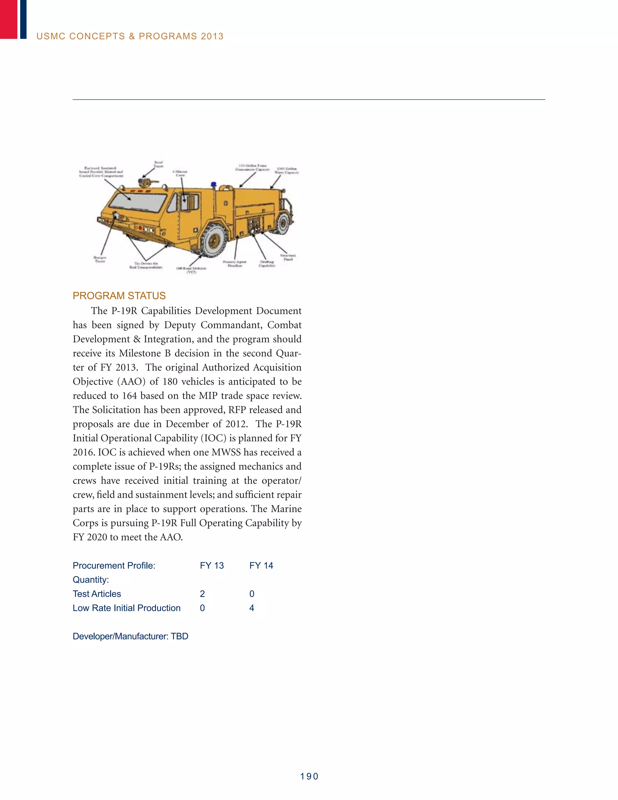 1 9 0
USMC Concepts  Programs 2013
PROGRAM STATUS
The P-19R Capabilities Development Document
has been signed by Deputy Commandant, Combat
Development  Integration, and the program should
receive its Milestone B decision in the second Quar-
ter of FY 2013. The original Authorized Acquisition
Objective (AAO) of 180 vehicles is anticipated to be
reduced to 164 based on the MIP trade space review.
The Solicitation has been approved, RFP released and
proposals are due in December of 2012. The P-19R
Initial Operational Capability (IOC) is planned for FY
2016. IOC is achieved when one MWSS has received a
complete issue of P-19Rs; the assigned mechanics and
crews have received initial training at the operator/
crew, field and sustainment levels; and sufficient repair
parts are in place to support operations. The Marine
Corps is pursuing P-19R Full Operating Capability by
FY 2020 to meet the AAO.
Procurement Profile:	 FY 13	 FY 14
Quantity:
Test Articles	 2	 0
Low Rate Initial Production	 0	 4
Developer/Manufacturer: TBD
	
  
 