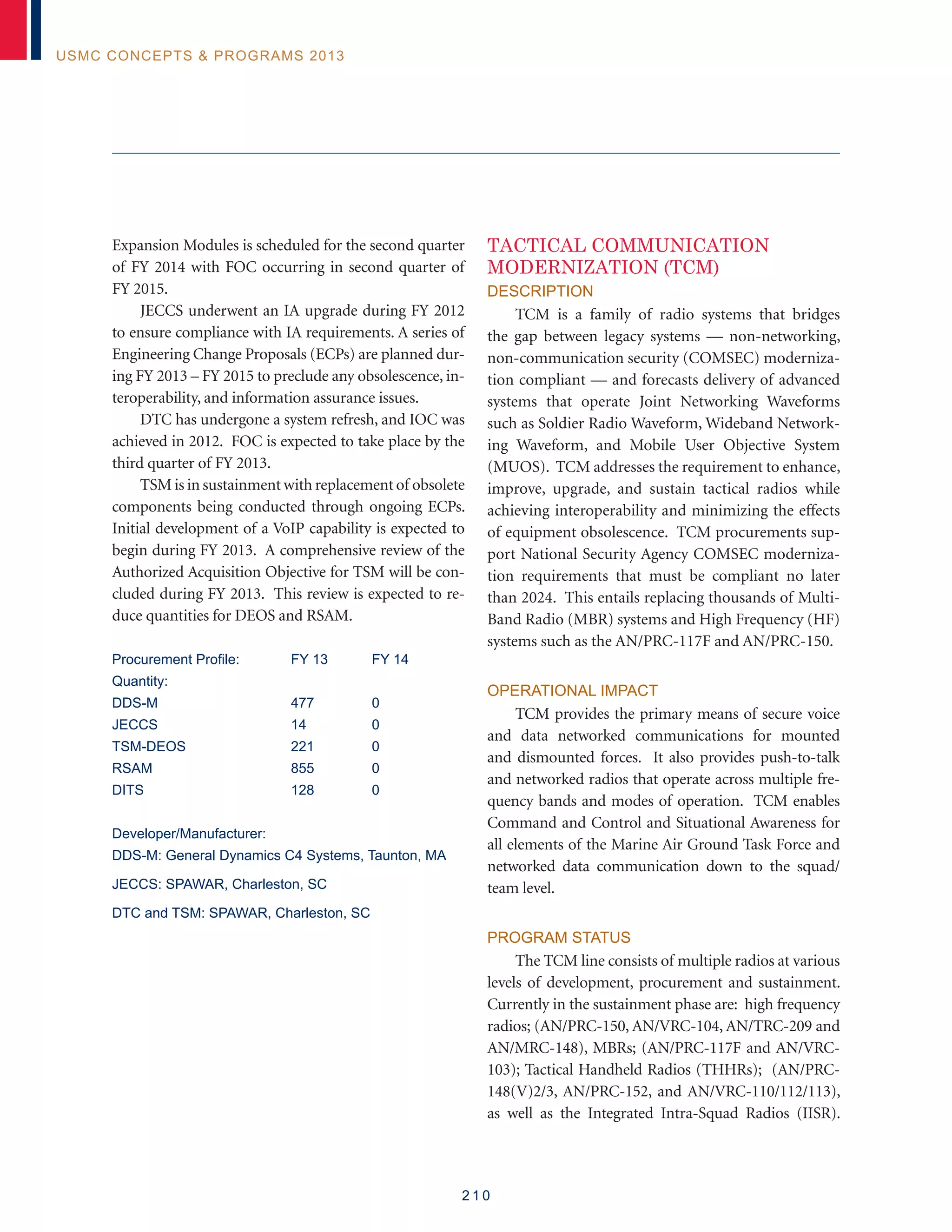 2 1 0
USMC Concepts  Programs 2013
Expansion Modules is scheduled for the second quarter
of FY 2014 with FOC occurring in second quarter of
FY 2015.
JECCS underwent an IA upgrade during FY 2012
to ensure compliance with IA requirements. A series of
Engineering Change Proposals (ECPs) are planned dur-
ing FY 2013 – FY 2015 to preclude any obsolescence, in-
teroperability, and information assurance issues.
DTC has undergone a system refresh, and IOC was
achieved in 2012. FOC is expected to take place by the
third quarter of FY 2013.
TSM is in sustainment with replacement of obsolete
components being conducted through ongoing ECPs.
Initial development of a VoIP capability is expected to
begin during FY 2013. A comprehensive review of the
Authorized Acquisition Objective for TSM will be con-
cluded during FY 2013. This review is expected to re-
duce quantities for DEOS and RSAM.
Procurement Profile:	 FY 13	 FY 14
Quantity:
DDS-M	 477 	 0
JECCS	 14 	 0
TSM-DEOS	 221 	 0
RSAM	 855 	 0
DITS	 128 	 0
Developer/Manufacturer:
DDS-M: General Dynamics C4 Systems, Taunton, MA
JECCS: SPAWAR, Charleston, SC
DTC and TSM: SPAWAR, Charleston, SC
Tactical Communication
Modernization (TCM)
Description
TCM is a family of radio systems that bridges
the gap between legacy systems — non-networking,
non-communication security (COMSEC) moderniza-
tion compliant — and forecasts delivery of advanced
systems that operate Joint Networking Waveforms
such as Soldier Radio Waveform, Wideband Network-
ing Waveform, and Mobile User Objective System
(MUOS). TCM addresses the requirement to enhance,
improve, upgrade, and sustain tactical radios while
achieving interoperability and minimizing the effects
of equipment obsolescence. TCM procurements sup-
port National Security Agency COMSEC moderniza-
tion requirements that must be compliant no later
than 2024. This entails replacing thousands of Multi-
Band Radio (MBR) systems and High Frequency (HF)
systems such as the AN/PRC-117F and AN/PRC-150.
Operational Impact
TCM provides the primary means of secure voice
and data networked communications for mounted
and dismounted forces. It also provides push-to-talk
and networked radios that operate across multiple fre-
quency bands and modes of operation. TCM enables
Command and Control and Situational Awareness for
all elements of the Marine Air Ground Task Force and
networked data communication down to the squad/
team level.
Program Status
The TCM line consists of multiple radios at various
levels of development, procurement and sustainment.
Currently in the sustainment phase are: high frequency
radios; (AN/PRC-150, AN/VRC-104, AN/TRC-209 and
AN/MRC-148), MBRs; (AN/PRC-117F and AN/VRC-
103); Tactical Handheld Radios (THHRs); (AN/PRC-
148(V)2/3, AN/PRC-152, and AN/VRC-110/112/113),
as well as the Integrated Intra-Squad Radios (IISR).
 