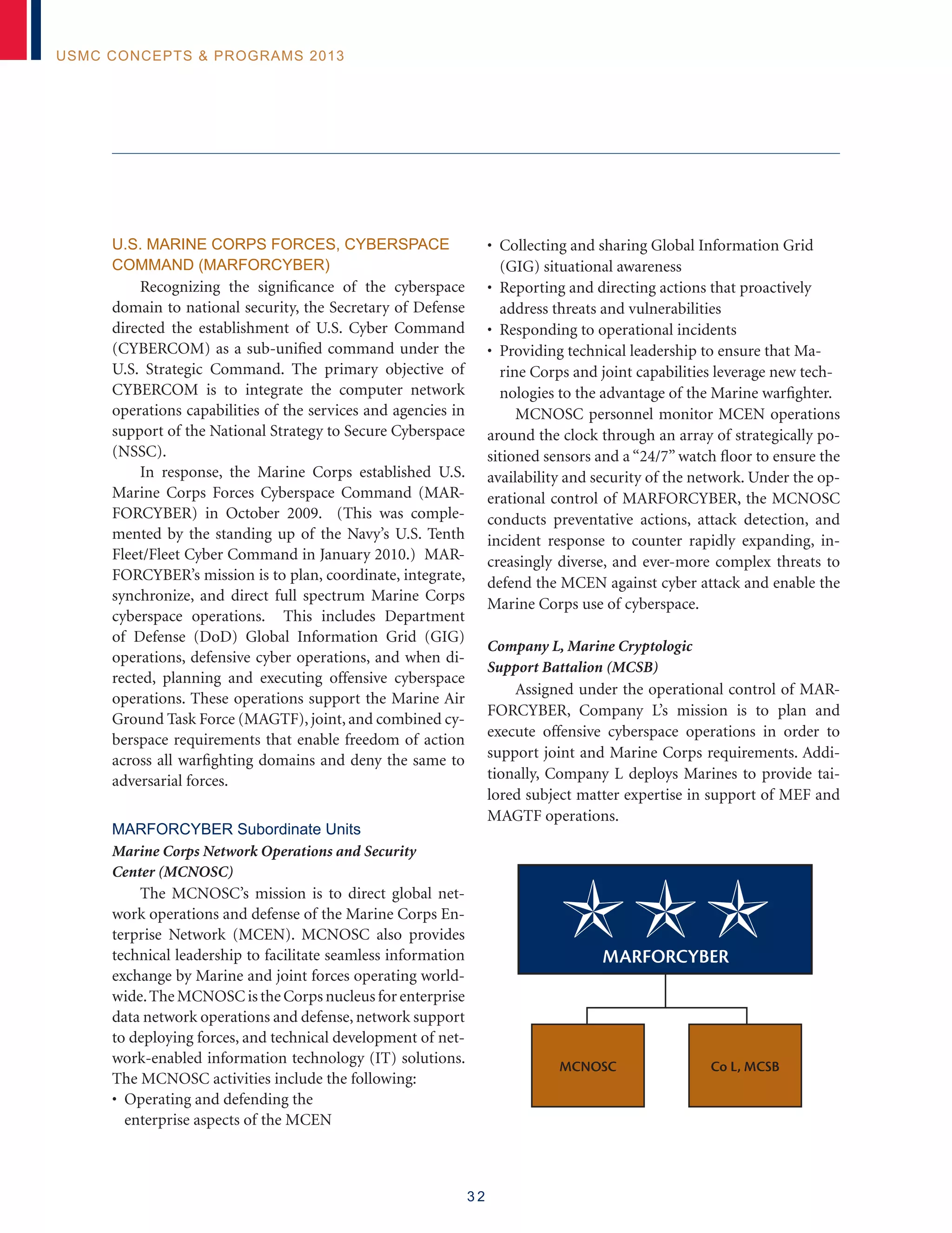 3 2
USMC Concepts  Programs 2013
U.S. MARINE CORPS FORCES, CYBERSPACE
COMMAND (MARFORCYBER)
Recognizing the significance of the cyberspace
domain to national security, the Secretary of Defense
directed the establishment of U.S. Cyber Command
(CYBERCOM) as a sub-unified command under the
U.S. Strategic Command. The primary objective of
CYBERCOM is to integrate the computer network
operations capabilities of the services and agencies in
support of the National Strategy to Secure Cyberspace
(NSSC).
In response, the Marine Corps established U.S.
Marine Corps Forces Cyberspace Command (MAR-
FORCYBER) in October 2009. (This was comple-
mented by the standing up of the Navy’s U.S. Tenth
Fleet/Fleet Cyber Command in January 2010.) MAR-
FORCYBER’s mission is to plan, coordinate, integrate,
synchronize, and direct full spectrum Marine Corps
cyberspace operations. This includes Department
of Defense (DoD) Global Information Grid (GIG)
operations, defensive cyber operations, and when di-
rected, planning and executing offensive cyberspace
operations. These operations support the Marine Air
Ground Task Force (MAGTF), joint, and combined cy-
berspace requirements that enable freedom of action
across all warfighting domains and deny the same to
adversarial forces.
MARFORCYBER Subordinate Units
Marine Corps Network Operations and Security
Center (MCNOSC)
The MCNOSC’s mission is to direct global net-
work operations and defense of the Marine Corps En-
terprise Network (MCEN). MCNOSC also provides
technical leadership to facilitate seamless information
exchange by Marine and joint forces operating world-
wide.The MCNOSC is the Corps nucleus for enterprise
data network operations and defense, network support
to deploying forces, and technical development of net-
work-enabled information technology (IT) solutions.
The MCNOSC activities include the following:
• Operating and defending the
enterprise aspects of the MCEN
• Col­lecting and sharing Global Information Grid
(GIG) situational awareness
• Reporting and directing actions that proactively
address threats and vulnerabilities
• Responding to operational incidents
• Providing technical leadership to ensure that Ma-
rine Corps and joint capabilities leverage new tech-
nologies to the advantage of the Marine warfighter.
MCNOSC personnel monitor MCEN operations
around the clock through an array of strategically po-
sitioned sensors and a “24/7” watch floor to ensure the
availability and security of the network. Under the op-
erational control of MARFORCYBER, the MCNOSC
conducts preventative actions, attack detection, and
incident response to counter rapidly expanding, in-
creasingly diverse, and ever-more complex threats to
defend the MCEN against cyber attack and enable the
Marine Corps use of cyberspace.
Company L, Marine Cryptologic
Support Battalion (MCSB)
Assigned under the operational control of MAR-
FORCYBER, Company L’s mission is to plan and
execute offensive cyberspace operations in order to
support joint and Marine Corps requirements. Addi-
tionally, Company L deploys Marines to provide tai-
lored subject matter expertise in support of MEF and
MAGTF operations.
MCNOSC Co L, MCSB
marFORCYBER
 