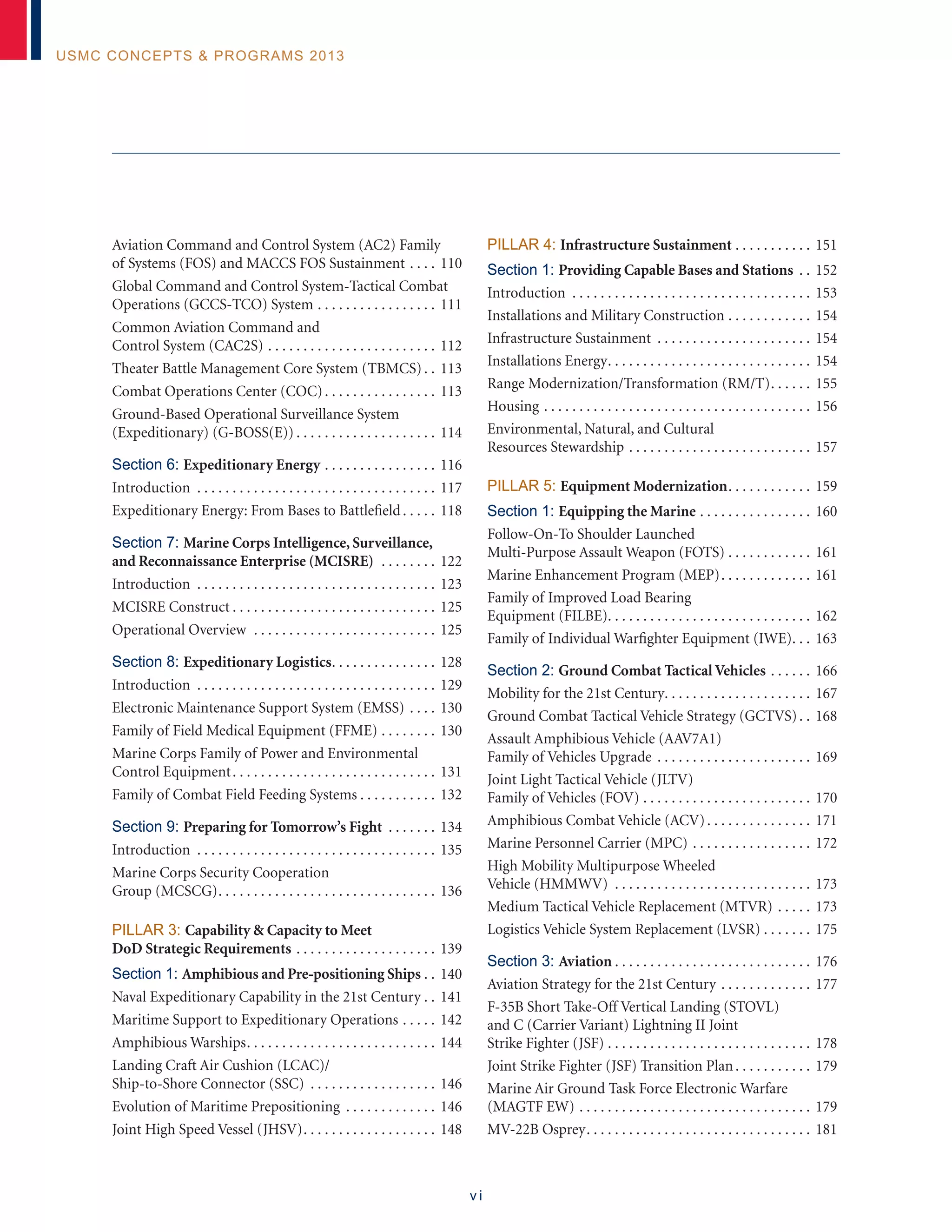 v i
USMC Concepts & Programs 2013
Aviation Command and Control System (AC2) Family
of Systems (FOS) and MACCS FOS Sustainment . . . . . 110
Global Command and Control System-Tactical Combat
Operations (GCCS-TCO) System. . . . . . . . . . . . . . . . . . 111
Common Aviation Command and
Control System (CAC2S). . . . . . . . . . . . . . . . . . . . . . . . . 112
Theater Battle Management Core System (TBMCS). . . 113
Combat Operations Center (COC). . . . . . . . . . . . . . . . . 113
Ground-Based Operational Surveillance System
(Expeditionary) (G-BOSS(E)). . . . . . . . . . . . . . . . . . . . . 114
Section 6: Expeditionary Energy. . . . . . . . . . . . . . . . . 116
Introduction . . . . . . . . . . . . . . . . . . . . . . . . . . . . . . . . . . . 117
Expeditionary Energy: From Bases to Battlefield. . . . . . 118
Section 7: Marine Corps Intelligence, Surveillance,
and Reconnaissance Enterprise (MCISRE) . . . . . . . . . 122
Introduction . . . . . . . . . . . . . . . . . . . . . . . . . . . . . . . . . . . 123
MCISRE Construct. . . . . . . . . . . . . . . . . . . . . . . . . . . . . . 125
Operational Overview . . . . . . . . . . . . . . . . . . . . . . . . . . . 125
Section 8: Expeditionary Logistics. . . . . . . . . . . . . . . . 128
Introduction . . . . . . . . . . . . . . . . . . . . . . . . . . . . . . . . . . . 129
Electronic Maintenance Support System (EMSS). . . . . 130
Family of Field Medical Equipment (FFME). . . . . . . . . 130
Marine Corps Family of Power and Environmental
Control Equipment. . . . . . . . . . . . . . . . . . . . . . . . . . . . . . 131
Family of Combat Field Feeding Systems. . . . . . . . . . . . 132
Section 9: Preparing for Tomorrow’s Fight . . . . . . . . 134
Introduction . . . . . . . . . . . . . . . . . . . . . . . . . . . . . . . . . . . 135
Marine Corps Security Cooperation
Group (MCSCG). . . . . . . . . . . . . . . . . . . . . . . . . . . . . . . . 136
PILLAR 3: Capability & Capacity to Meet
DoD Strategic Requirements. . . . . . . . . . . . . . . . . . . . . 139
Section 1: Amphibious and Pre-positioning Ships. . . 140
Naval Expeditionary Capability in the 21st Century . . 141
Maritime Support to Expeditionary Operations. . . . . . 142
Amphibious Warships. . . . . . . . . . . . . . . . . . . . . . . . . . . . 144
Landing Craft Air Cushion (LCAC)/
Ship-to-Shore Connector (SSC) . . . . . . . . . . . . . . . . . . . 146
Evolution of Maritime Prepositioning . . . . . . . . . . . . . . 146
Joint High Speed Vessel (JHSV). . . . . . . . . . . . . . . . . . . . 148
PILLAR 4: Infrastructure Sustainment. . . . . . . . . . . . 151
Section 1: Providing Capable Bases and Stations . . . 152
Introduction . . . . . . . . . . . . . . . . . . . . . . . . . . . . . . . . . . . 153
Installations and Military Construction. . . . . . . . . . . . . 154
Infrastructure Sustainment . . . . . . . . . . . . . . . . . . . . . . . 154
Installations Energy. . . . . . . . . . . . . . . . . . . . . . . . . . . . . . 154
Range Modernization/Transformation (RM/T). . . . . . . 155
Housing. . . . . . . . . . . . . . . . . . . . . . . . . . . . . . . . . . . . . . . 156
Environmental, Natural, and Cultural
Resources Stewardship. . . . . . . . . . . . . . . . . . . . . . . . . . . 157
PILLAR 5: Equipment Modernization. . . . . . . . . . . . . 159
Section 1: Equipping the Marine. . . . . . . . . . . . . . . . . 160
Follow-On-To Shoulder Launched
Multi-Purpose Assault Weapon (FOTS). . . . . . . . . . . . . 161
Marine Enhancement Program (MEP). . . . . . . . . . . . . . 161
Family of Improved Load Bearing
Equipment (FILBE). . . . . . . . . . . . . . . . . . . . . . . . . . . . . . 162
Family of Individual Warfighter Equipment (IWE). . . . 163
Section 2: Ground Combat Tactical Vehicles. . . . . . . 166
Mobility for the 21st Century. . . . . . . . . . . . . . . . . . . . . . 167
Ground Combat Tactical Vehicle Strategy (GCTVS). . . 168
Assault Amphibious Vehicle (AAV7A1)
Family of Vehicles Upgrade . . . . . . . . . . . . . . . . . . . . . . . 169
Joint Light Tactical Vehicle (JLTV)
Family of Vehicles (FOV) . . . . . . . . . . . . . . . . . . . . . . . . . 170
Amphibious Combat Vehicle (ACV). . . . . . . . . . . . . . . . 171
Marine Personnel Carrier (MPC). . . . . . . . . . . . . . . . . . 172
High Mobility Multipurpose Wheeled
Vehicle (HMMWV) . . . . . . . . . . . . . . . . . . . . . . . . . . . . . 173
Medium Tactical Vehicle Replacement (MTVR). . . . . . 173
Logistics Vehicle System Replacement (LVSR). . . . . . . . 175
Section 3: Aviation . . . . . . . . . . . . . . . . . . . . . . . . . . . . 176
Aviation Strategy for the 21st Century. . . . . . . . . . . . . . 177
F-35B Short Take-Off Vertical Landing (STOVL)
and C (Carrier Variant) Lightning II Joint
Strike Fighter (JSF). . . . . . . . . . . . . . . . . . . . . . . . . . . . . . 178
Joint Strike Fighter (JSF) Transition Plan. . . . . . . . . . . . 179
Marine Air Ground Task Force Electronic Warfare
(MAGTF EW). . . . . . . . . . . . . . . . . . . . . . . . . . . . . . . . . . 179
MV-22B Osprey. . . . . . . . . . . . . . . . . . . . . . . . . . . . . . . . . 181
 