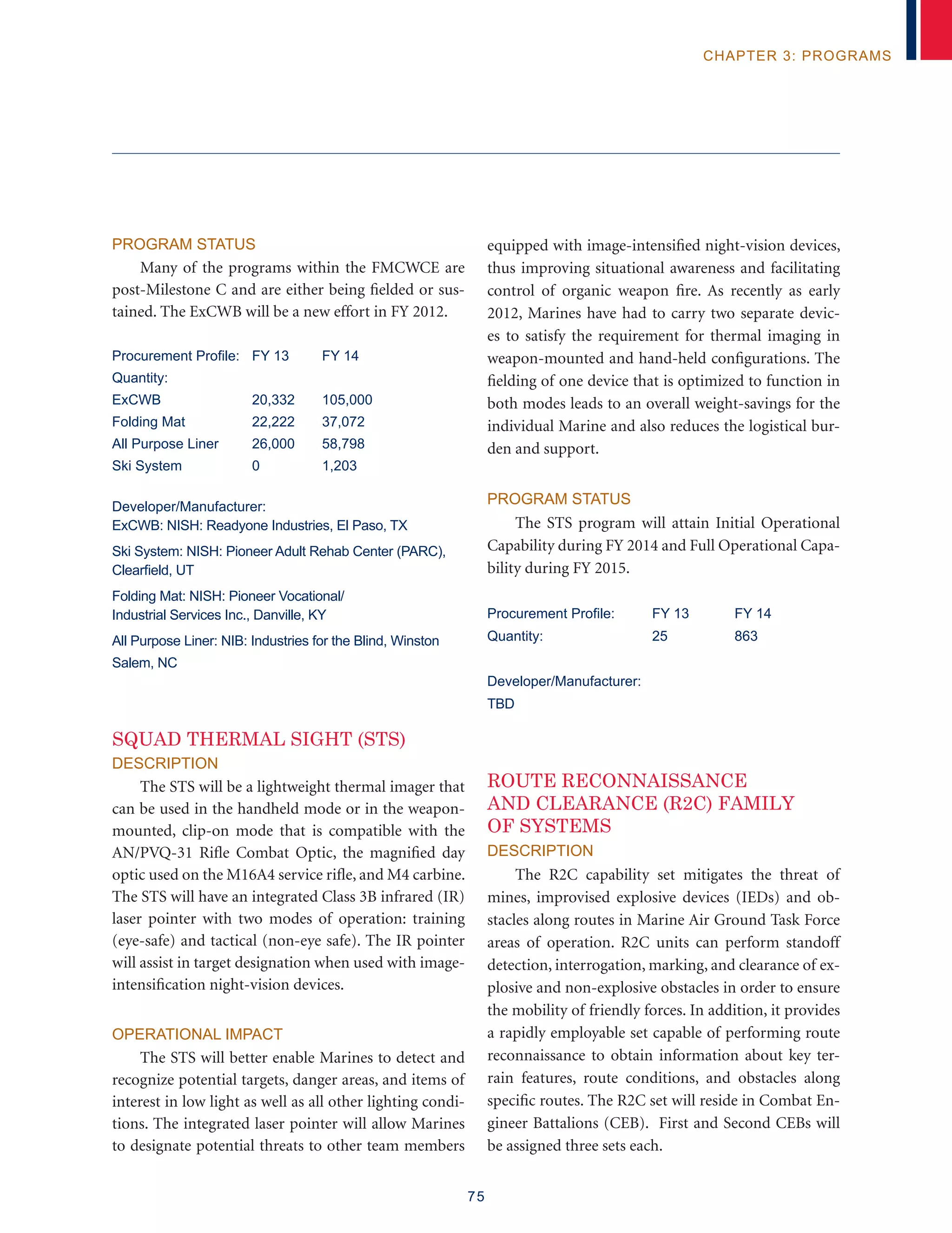 75
chapter 3: programs
Program Status
Many of the programs within the FMCWCE are
post-Milestone C and are either being fielded or sus-
tained. The ExCWB will be a new effort in FY 2012.
Procurement Profile:	 FY 13	 FY 14
Quantity:
ExCWB	 20,332	 105,000
Folding Mat	 22,222	 37,072
All Purpose Liner	 26,000	 58,798
Ski System	 0	 1,203
Developer/Manufacturer:
ExCWB: NISH: Readyone Industries, El Paso, TX
Ski System: NISH: Pioneer Adult Rehab Center (PARC),
Clearfield, UT
Folding Mat: NISH: Pioneer Vocational/
Industrial Services Inc., Danville, KY
All Purpose Liner: NIB: Industries for the Blind, Winston
Salem, NC
SQUAD THERMAL SIGHT (STS)
Description
The STS will be a lightweight thermal imager that
can be used in the handheld mode or in the weapon-
mounted, clip-on mode that is compatible with the
AN/PVQ-31 Rifle Combat Optic, the magnified day
optic used on the M16A4 service rifle, and M4 carbine.
The STS will have an integrated Class 3B infrared (IR)
laser pointer with two modes of operation: training
(eye-safe) and tactical (non-eye safe). The IR pointer
will assist in target designation when used with image-
intensification night-vision devices.
Operational Impact
The STS will better enable Marines to detect and
recognize potential targets, danger areas, and items of
interest in low light as well as all other lighting condi-
tions. The integrated laser pointer will allow Marines
to designate potential threats to other team members
equipped with image-intensified night-vision devices,
thus improving situational awareness and facilitating
control of organic weapon fire. As recently as early
2012, Marines have had to carry two separate devic-
es to satisfy the requirement for thermal imaging in
weapon-mounted and hand-held configurations. The
fielding of one device that is optimized to function in
both modes leads to an overall weight-savings for the
individual Marine and also reduces the logistical bur-
den and support.
Program Status
The STS program will attain Initial Operational
Capability during FY 2014 and Full Operational Capa-
bility during FY 2015.
Procurement Profile:	 FY 13	 FY 14
Quantity:	 25	 863
Developer/Manufacturer:
TBD
ROUTE RECONNAISSANCE
AND CLEARANCE (R2C) FAMILY
OF SYSTEMS
Description
The R2C capability set mitigates the threat of
mines, improvised explosive devices (IEDs) and ob-
stacles along routes in Marine Air Ground Task Force
areas of operation. R2C units can perform standoff
detection, interrogation, marking, and clearance of ex-
plosive and non-explosive obstacles in order to ensure
the mobility of friendly forces. In addition, it provides
a rapidly employable set capable of performing route
reconnaissance to obtain information about key ter-
rain features, route conditions, and obstacles along
specific routes. The R2C set will reside in Combat En-
gineer Battalions (CEB). First and Second CEBs will
be assigned three sets each.
 