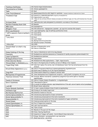 Page 8
Tendinous Xanthomas 320. Familial Hypercholesterolemia
Thyroidization of Kidney 321. Chronic pyelonephritis
Tophi 322. Gout
Tram-Track Glomeruli 323. Membranoproliferative GN: Nephritic syndrome – basement membrane is duplicated into 2 layers
Trousseau’s Sign 324. Visceral ca, classically pancreatic (migratory thrombophlebitis)
325. Hypocalcemia (carpal spasm)
326. These are two entirely different disease processes and different signs, but they unfortunately have the same
name.
Virchow’s Node 327. Supraclavicular node enlargement by metastatic carcinoma of the stomach
Warthin-Finkeldey Giant Cells 328. Measles
WBC Casts 329. Pyelonephritis
Whipple’s Triad 330. CNS disfunction – Hypoglycemic episodes – glu injection reverses CNS Sympt’s
Wire Loop Glomeruli 331. Lupus nephropathy, type IV (diffuse proliferative form)
↑ AFP in amniotic fluid or mother’s
serum
332. Spina Bifida
333. Anencephaly
↑ Uric Acid 334. Gout
335. Lesch Nyhan
336. Myeloproliferative Disorders
337. Diuretics (Loop & Thiazides)
↓ FEV1/FVC 338. COPD
“Ground Glass” on chest x-ray
(Hyaline)
339. Due to Pneumocystis carinii
340. Seen w/ Atelectasia
Honey Combing of the lung 341. Seen w/ Asbestosis (a restrictive lung disease)
Crescents 342. Goodpastures syndrome (pneumonia w/ hemoptysis & rapidly progressive glomerulonephritis)
Linear Ig Deposits 343. Goodpastures syndrome
45 Degree Branch Points 344. Aspergillosis
PAS(+) Dutcher Bodies 345. Waldenstrom’s Macroglobulinemia = ↑IgM = Hyperviscosity
“Ground Glass” in Abdomen(Hyaline) 346. Seen in the hepatocytes of healthy carriers of HBsAg in liver biopsies
“Signet Ring” Cells 347. Cells that replace the ovaries, due to Krukenberg’s tumor that has metastasized from the
stomach
Ground Glass Appearance (Hyaline) 348. Seen w/ Progressive Multifocal Leukoencephalopathy oligodendrocytes
349. Nuclei seen in Papillary CA of the thyroid (malignant)
Congo Red 350. Shows amyloid deposition in plaques & vascular walls
Meningiomas & Progesterone 351. Some meningiomas have Progesterone receptors = rapid growth in pregnancy can occur
Tuberous Sclerosis Triad 352. Seizures; Mental retardation; Leukoderma (congenital facial white spots or macules):
angiofibromas
Cowdry A Inclusions 353. Seen w/ Herpes Simplex Encephalitis – in oligodendroglia
Devic’s Syndrome 354. “Neuromyelitis Optica”
355. A variant of multiple sclerosis: rapid demyelination of the optic nerve & spinal cord w/ paraplegia
c-erb B2 356. Breast Cancer association
Foster-Kennedy Syndrome 357. A tumor causing blindness & loss of smell w/ papilloedema
Hoffman’s Sign 358. Flicking of the middle finger’s nail
Red Nucleus Destruction 359. Intention tremors of the arm
Ventral Spinocerebellar tr. 360. Unconscious proprioception of lower extremities
Dorsal Spinocerebellar tr. 361. Unconscious prorpioception & fine motor movements
Cuneocerebellar tr. 362. Unconscious proprioception & fine motor movements of upper extremities
Dorsal Column 363. Conscious proprioception of the body
Lateral Spinothalamic tr. 364. Pain & Temperature sensation
Ventral Spinothalamic tr. 365. Light touch perception
SVA 366. Taste & Smell
GSE 367. Muscles of the eye & of the tongue
SSA 368. Vision; Hearing; Equilibrium
GVA 369. Sensation of tongue; soft palate. Carotid Body & Sinus innervation
GVE 370. Edinger Westphal = parasympathetic eye innervation
371. Gland innervation = secretions
 