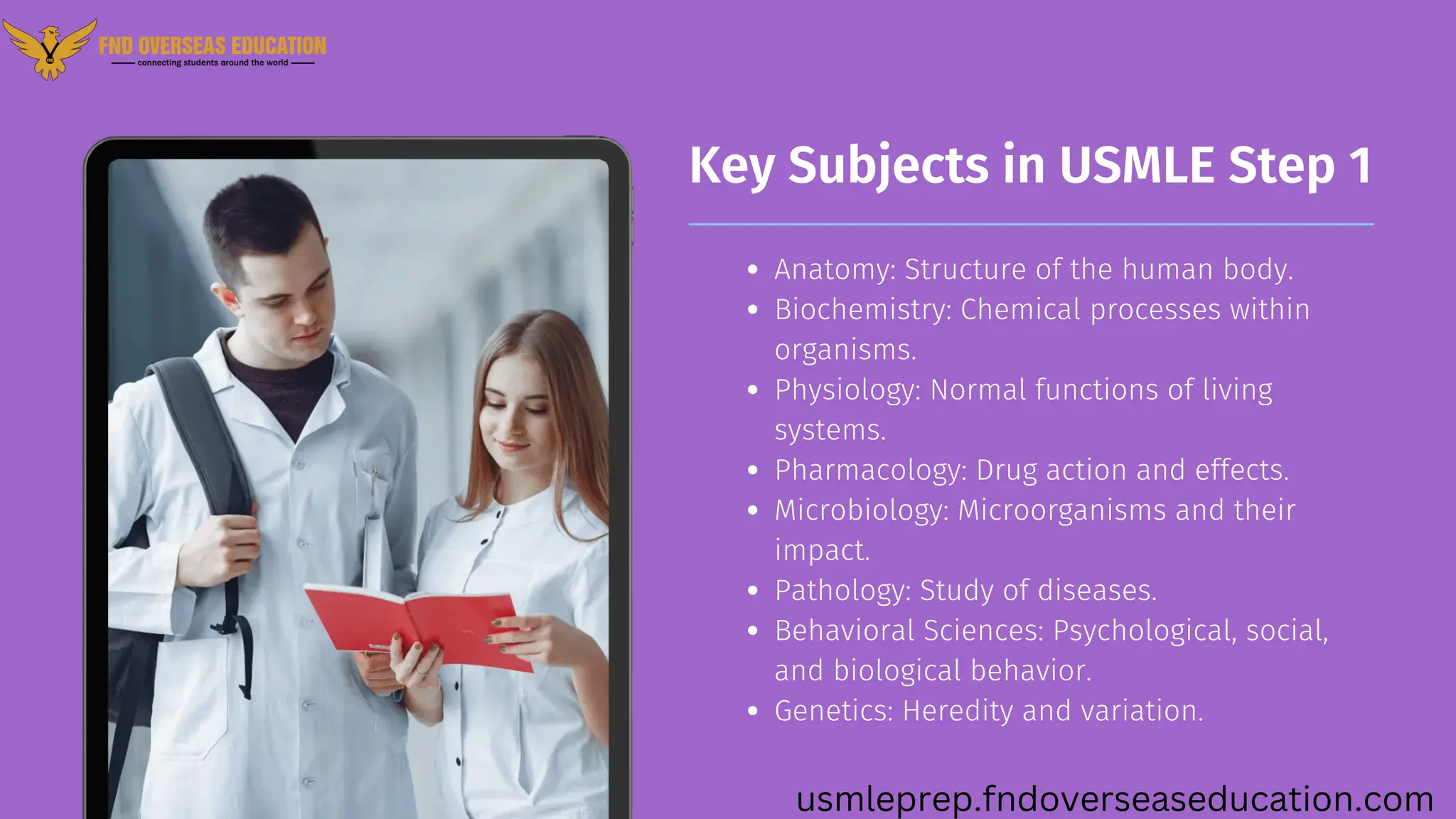 Key Subjects in USMLE Step 1
Anatomy: Structure of the human body.
Biochemistry: Chemical processes within
organisms.
Physiology: Normal functions of living
systems.
Pharmacology: Drug action and effects.
Microbiology: Microorganisms and their
impact.
Pathology: Study of diseases.
Behavioral Sciences: Psychological, social,
and biological behavior.
Genetics: Heredity and variation.
usmleprep.fndoverseaseducation.com
 