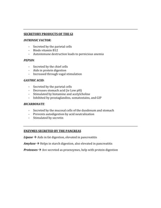  
 
SECRETORY PRODUCTS OF THE GI 
INTRINSIC FACTOR: 
‐ Secreted by the parietal cells 
‐ Binds vitamin B12 
‐ Autoimmune destruction leads to pernicious anemia 
PEPSIN: 
‐ Secreted by the chief cells 
‐ Aids in protein digestion 
‐ Increased through vagal stimulation 
GASTRIC ACID: 
‐ Secreted by the parietal cells 
‐ Decreases stomach acid (ie Low pH) 
‐ Stimulated by histamine and acetylcholine 
‐ Inhibited by prostaglandins, somatostains, and GIP 
BICARBONATE: 
‐ Secreted by the mucosal cells of the duodenum and stomach 
‐ Prevents autodigestion by acid neutralization 
‐ Stimulated by secretin 
 
ENZYMES SECRETED BY THE PANCREAS 
Lipase  Aids in fat digestion, elevated in pancreatitis 
Amylase  Helps in starch digestion, also elevated in pancreatitis 
Proteases  Are secreted as proenzymes, help with protein digestion 
 
 
 
 
 
 