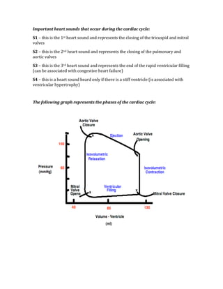 Important heart sounds that occur during the cardiac cycle: 
S1 – this is the 1st heart sound and represents the closing of the tricuspid and mitral 
valves 
S2 – this is the 2nd heart sound and represents the closing of the pulmonary and 
aortic valves 
S3 – this is the 3rd heart sound and represents the end of the rapid ventricular filling 
(can be associated with congestive heart failure) 
S4 – this is a heart sound heard only if there is a stiff ventricle (is associated with 
ventricular hypertrophy) 
 
The following graph represents the phases of the cardiac cycle: 
 
 
 
 
 