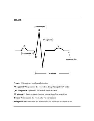  
 
THE EKG 
 
 
P wave  Represents atrial depolarization 
PR segment  Represents the conduction delay through the AV node 
QRS complex  Represents ventricular depolarization 
QT interval  Represents mechanical contraction of the ventricles 
T wave  Represents the ventricular repolarizations 
ST segment  Is an isoelectric point where the ventricles are depolarized 
 
 