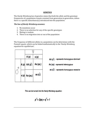 GENETICS 
The Hardy‐Weinberg law of genetics states that both the allele and the genotype 
frequencies of a population remain constant from generation to generation, unless 
there is a specific disturbance(s) introduced into the population. 
The law of Hardy­Weinberg assumes: 
1. No mutations occur  
2. There is no selection for any of the specific genotypes 
3. Mating is random 
4. There is no migration into or out of the population 
 
The frequency of different alleles in a population can be determines with the 
Punnett square, which can be linked mathematically to the ‘Hardy‐Weinberg 
equation for equilibrium’. 
 
 
 
 