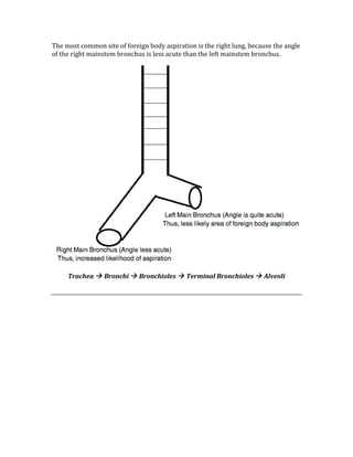 The most common site of foreign body aspiration is the right lung, because the angle 
of the right mainstem bronchus is less acute than the left mainstem bronchus. 
  
Trachea  Bronchi  Bronchioles  Terminal Bronchioles  Alveoli 
 
 
 
 
 
 
 
 
 
 