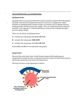  
APOLIPOPROTEINS and LIPOPROTEINS 
Apolipoproteins: 
Apolipoproteins are proteins that bind to lipids and help transport them throughout 
the body.  Once bound to lipids, the structure is known as a lipoprotein.  Other 
functions of apolipoproteins include acting as co‐enzymes and as ligands between 
the lipoproteins and the tissues they supply.  They are synthesized in the intestines 
and their “rate regulation” is determined by the content of fat available through a 
person’s dietary intake. 
There are six classes of apolipoproteins: 
A – includes the sub‐groups: A­I, A­II, A­IV, A­V) 
B – includes the sub‐groups: B48, B100 
C – includes the sub‐groups: C­I, C­II, C­III, C­IV 
Classes D, E, and H have no important sub‐groups. 
 
Lipoproteins: 
Because fatty acids alone have trouble being transported through aqueous 
compartments inside the cells, a mechanism must be in place to allow them to get to 
where they need to be, thus enters the lipoproteins. 
The basic structure of the lipoprotein is below: 
 
 
 