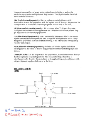 Lipoproteins are different based on the ratio of protein:lipids, as well as the 
particular apoproteins and lipids that they contain.  Thus, lipids can be classified 
based on their densitites: 
HDL (high­density lipoprotein):  Has the highest protein:lipid ratio of all 
lipoproteins, is also the lipoprotein with the highest overall density.  Responsible for 
transportation of cholesterol from the peripheral tissues back to the liver. 
IDL (intermediate density protein):  IDL is formed when VLDL gets degraded.  
Transports and delivers both triglycerides and cholesterol to the liver, where they 
get degraded to low‐density lipoproteins. 
LDL (low­density lipoproteins):  Are a low‐density lipoprotein which contain the 
highest density of cholesteryl esters.  LDL is engulfed by target cells, and is a very 
dangerous lipoprotein that can lead to hardening of the arteries and subsequently 
vascular pathologies. 
VLDL (very low­density lipoproteins):  Contain the second highest density of 
triacylglycerols.  Its role is to deliver triglycerides from the liver to the peripheral 
tissues. 
CHYLOMICRONS:  Are the largest of all the lipoproteins, but have the lowest density 
due to a high ratio of lipids to proteins.  Also contain the highest content of 
triacylglycerols by density.  Has a dual role as it supplies the peripheral tissues with 
triglycerides and supplies cholesterol to the liver. 
 
THE STRUCTURE OF 
HEME
 
 