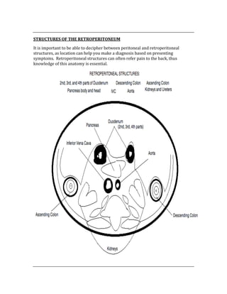 
STRUCTURES OF THE RETROPERITONEUM 
It is important to be able to decipher between peritoneal and retroperitoneal 
structures, as location can help you make a diagnosis based on presenting 
symptoms.  Retroperitoneal structures can often refer pain to the back, thus 
knowledge of this anatomy is essential. 
 
 
 