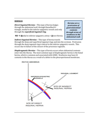  
 
HERNIAS 
Direct Inguinal Hernias – This type of hernia bulges 
through the abdominal wall, through Hasselbech’s 
triangle, medial to the inferior epigastric vessels and only 
through the superficial inguinal ring. 
MD  Medial to inferior epigastric artery = Direct Hernia 
Indirect Inguinal Hernias – This type of hernia travels 
through the deep and superficial inguinal rings and into the scrotum.  Protrusion 
through the deep inguinal ring is lateral to the inferior epigastric vessels.  This 
occurs due to failure of the closure of the processus vaginalis. 
Diaphragmatic Hernias – This type of hernia occurs when abdominal contents 
enter into the thorax.  The most common type of diaphragmatic hernia is the hiatal 
hernia, which is common and associated with GERD.  Newborns may have GI 
contents in the thorax as a result of a defect in the pleuroperitoneal membrane. 
 
 
 
Hernias are a 
protrusion of 
gastrointestinal 
contents 
through areas of 
weakness in the 
abdominal wall. 
 
