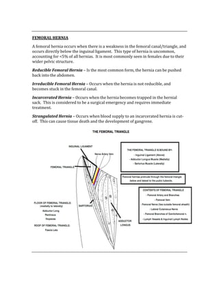  
FEMORAL HERNIA 
A femoral hernia occurs when there is a weakness in the femoral canal/triangle, and 
occurs directly below the inguinal ligament.  This type of hernia is uncommon, 
accounting for <5% of all hernias.  It is most commonly seen in females due to their 
wider pelvic structure. 
Reducible Femoral Hernia – Is the most common form, the hernia can be pushed 
back into the abdomen. 
Irreducible Femoral Hernia – Occurs when the hernia is not reducible, and 
becomes stuck in the femoral canal. 
Incarcerated Hernia – Occurs when the hernia becomes trapped in the hernial 
sack.  This is considered to be a surgical emergency and requires immediate 
treatment. 
Strangulated Hernia – Occurs when blood supply to an incarcerated hernia is cut‐
off.  This can cause tissue death and the development of gangrene. 
 
 