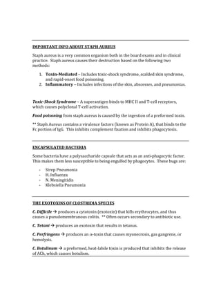  
 
IMPORTANT INFO ABOUT STAPH AUREUS 
Staph aureus is a very common organism both in the board exams and in clinical 
practice.  Staph aureus causes their destruction based on the following two 
methods: 
1. Toxin­Mediated – Includes toxic‐shock syndrome, scalded skin syndrome, 
and rapid‐onset food poisoning. 
2. Inflammatory – Includes infections of the skin, abscesses, and pneumonias. 
 
Toxic­Shock Syndrome – A superantigen binds to MHC II and T‐cell receptors, 
which causes polyclonal T‐cell activation. 
Food poisoning from staph aureus is caused by the ingestion of a preformed toxin. 
** Staph Aureus contains a virulence factors (known as Protein A), that binds to the 
Fc portion of IgG.  This inhibits complement fixation and inhibits phagocytosis. 
 
ENCAPSULATED BACTERIA 
Some bacteria have a polysaccharide capsule that acts as an anti‐phagocytic factor.  
This makes them less susceptible to being engulfed by phagocytes.  These bugs are: 
‐ Strep Pneumonia 
‐ H. Influenza 
‐ N. Meningitidis 
‐ Klebsiella Pneumonia 
 
THE EXOTOXINS OF CLOSTRIDIA SPECIES 
C. Difficile  produces a cytotoxin (exotoxin) that kills erythrocytes, and thus 
causes a pseudomembranous colitis.  ** Often occurs secondary to antibiotic use. 
C. Tetani  produces an exotoxin that results in tetanus. 
C. Perfringens  produces an α‐toxin that causes myonecrosis, gas gangrene, or 
hemolysis. 
C. Botulinum  a preformed, heat‐labile toxin is produced that inhibits the release 
of ACh, which causes botulism. 
 