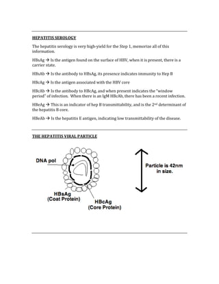  
HEPATITIS SEROLOGY 
The hepatitis serology is very high‐yield for the Step 1, memorize all of this 
information. 
HBsAg  Is the antigen found on the surface of HBV, when it is present, there is a 
carrier state. 
HBsAb  Is the antibody to HBsAg, its presence indicates immunity to Hep B 
HBcAg  Is the antigen associated with the HBV core 
HBcAb  Is the antibody to HBcAg, and when present indicates the “window 
period” of infection.  When there is an IgM HBcAb, there has been a recent infection. 
HBeAg  This is an indicator of hep B transmittability, and is the 2nd determinant of 
the hepatitis B core. 
HBeAb  Is the hepatitis E antigen, indicating low transmittability of the disease. 
 
THE HEPATITIS VIRAL PARTICLE 
 
 
 
 
 
 