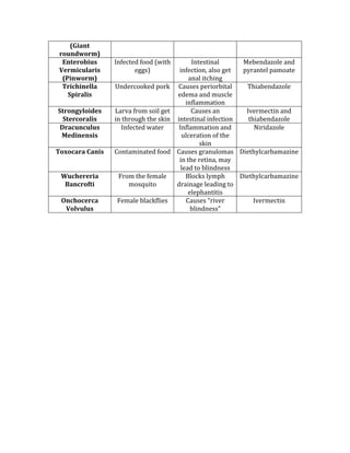(Giant 
roundworm) 
Enterobius 
Vermicularis 
(Pinworm) 
Infected food (with 
eggs) 
Intestinal 
infection, also get 
anal itching 
Mebendazole and 
pyrantel pamoate 
Trichinella 
Spiralis 
Undercooked pork  Causes periorbital 
edema and muscle 
inflammation 
Thiabendazole 
Strongyloides 
Stercoralis 
Larva from soil get 
in through the skin 
Causes an 
intestinal infection 
Ivermectin and 
thiabendazole 
Dracunculus 
Medinensis 
Infected water  Inflammation and 
ulceration of the 
skin 
Niridazole 
Toxocara Canis  Contaminated food  Causes granulomas 
in the retina, may 
lead to blindness 
Diethylcarbamazine 
Wuchereria 
Bancrofti 
From the female 
mosquito 
Blocks lymph 
drainage leading to 
elephantitis 
Diethylcarbamazine 
Onchocerca 
Volvulus 
Female blackflies  Causes “river 
blindness” 
Ivermectin 
 
 
 
 
 
 
 
 
 
 
 
 
 
 
 