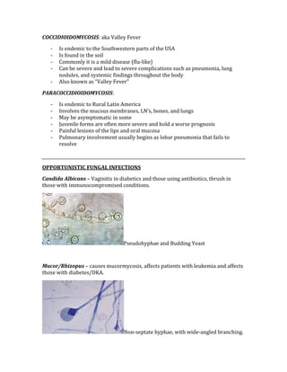 COCCIDIOIDOMYCOSIS: aka Valley Fever 
‐ Is endemic to the Southwestern parts of the USA 
‐ Is found in the soil 
‐ Commonly it is a mild disease (flu‐like) 
‐ Can be severe and lead to severe complications such as pneumonia, lung 
nodules, and systemic findings throughout the body 
‐ Also known as “Valley Fever” 
PARACOCCIDIOIDOMYCOSIS: 
‐ Is endemic to Rural Latin America 
‐ Involves the mucous membranes, LN’s, bones, and lungs 
‐ May be asymptomatic in some 
‐ Juvenile forms are often more severe and hold a worse prognosis 
‐ Painful lesions of the lips and oral mucosa 
‐ Pulmonary involvement usually begins as lobar pneumonia that fails to 
resolve 
 
OPPORTUNISTIC FUNGAL INFECTIONS 
Candida Albicans – Vaginitis in diabetics and those using antibiotics, thrush in 
those with immunocompromised conditions. 
Pseudohyphae and Budding Yeast 
 
Mucor/Rhizopus – causes mucormycosis, affects patients with leukemia and affects 
those with diabetes/DKA. 
Non‐septate hyphae, with wide‐angled branching. 
 