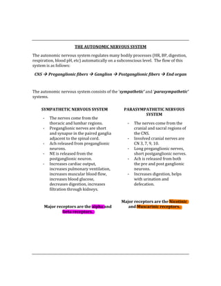  
 
THE AUTONOMIC NERVOUS SYSTEM 
The autonomic nervous system regulates many bodily processes (HR, BP, digestion, 
respiration, blood pH, etc) automatically on a subconscious level.  The flow of this 
system is as follows: 
CNS  Preganglionic fibers  Ganglion  Postganglionic fibers  End organ 
 
The autonomic nervous system consists of the ‘sympathetic’ and ‘parasympathetic’ 
systems. 
 
 
SYMPATHETIC NERVOUS SYSTEM 
‐ The nerves come from the 
thoracic and lumbar regions. 
‐ Preganglionic nerves are short 
and synapse in the paired ganglia 
adjacent to the spinal cord. 
‐ Ach released from preganglionic 
neurons. 
‐ NE is released from the 
postganglionic neuron. 
‐ Increases cardiac output, 
increases pulmonary ventilation, 
increases muscular blood flow, 
increases blood glucose, 
decreases digestion, increases 
filtration through kidneys. 
 
Major receptors are the alpha and 
beta receptors. 
PARASYMPATHETIC NERVOUS 
SYSTEM 
‐ The nerves come from the 
cranial and sacral regions of 
the CNS. 
‐ Involved cranial nerves are 
CN 3, 7, 9, 10. 
‐ Long preganglionic nerves, 
short postganglionic nerves. 
‐ Ach is released from both 
the pre and post ganglionic 
neurons. 
‐ Increases digestion, helps 
with urination and 
defecation. 
 
Major receptors are the Nicotinic 
and Muscarinic receptors. 
 