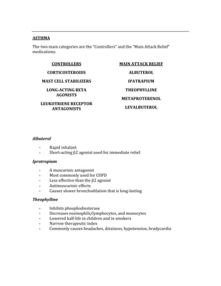  
ASTHMA 
The two main categories are the “Controllers” and the “Main Attack Relief” 
medications. 
   
 
 
 
 
 
 
 
 
Albuterol 
‐ Rapid inhalant 
‐ Short‐acting β2 agonist used for immediate relief. 
Ipratropium 
‐ A muscarinic antagonist 
‐ Most commonly used for COPD 
‐ Less effective than the β2 agonist 
‐ Antimuscarinic effects 
‐ Causes slower bronchodilation that is long‐lasting 
Theophylline 
‐ Inhibits phosphodiesterase  
‐ Decreases eosinophils/lymphocytes, and monocytes 
‐ Lowered half‐life in children and in smokers 
‐ Narrow therapeutic index 
‐ Commonly causes headaches, dizziness, hypotension, bradycardia 
 
 
 
CONTROLLERS 
CORTICOSTEROIDS 
MAST CELL STABILIZERS 
LONG­ACTING BETA 
AGONISTS 
LEUKOTRIENE RECEPTOR 
ANTAGONISTS 
MAIN ATTACK RELIEF 
ALBUTEROL 
IPATRAPIUM 
THEOPHYLLINE 
METAPROTERENOL 
LEVALBUTEROL 
 