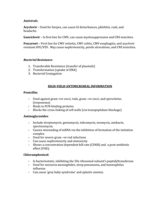 Antivirals: 
Acyclovir – Used for herpes, can cause GI disturbances, phlebitis, rash, and 
headache. 
Ganciclovir – Is first line for CMV, can cause myelosuppression and CNS toxicities. 
Foscarnet – First line for CMV retinitis, CMV colitis, CMV esophagitis, and acyclovir 
resistant HIV/VZV.  May cause nephrotoxicity, penile ulcerations, and CNS toxicities. 
 
Bacterial Resistance: 
1. Transferable Resistance (transfer of plasmids) 
2. Transformation (uptake of DNA) 
3. Bacterial Conjugation 
 
HIGH­YIELD ANTIMICROBIAL INFORMATION 
Penicillin:  
‐ Used against gram +ve cocci, rods, gram –ve cocci, and spirochetes 
(treponema) 
‐ Binds to PCN‐binding proteins 
‐ Blocks the cross‐linking of cell walls (via transpeptidase blockage) 
Aminoglycosides: 
‐ Include streptomycin, gentamycin, tobramycin, neomycin, amikacin, 
spectinomycin.   
‐ Causes misreading of mRNA via the inhibition of formation of the initiation 
complex 
‐ Used for severe gram –ve rod infections 
‐ Can cause nephrotoxicity and ototoxicity 
‐ Shows a concentration dependent kill rate (CDKR) and  a post‐antibiotic 
effect (PAE). 
Chloramphenicol: 
‐ Is bacteriostatic, inhibiting the 50s ribosomal subunit’s peptidyltransferase 
‐ Used for neisseria meningitides, strep pneumonia, and haemophilus 
influenza 
‐ Can cause ‘grey baby syndrome’ and aplastic anemia. 
 
 
 