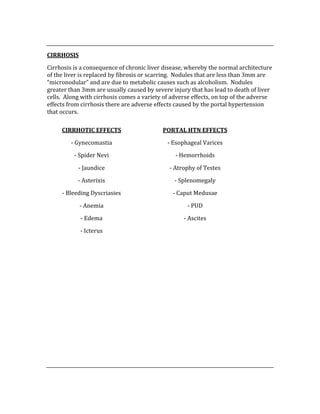  
CIRRHOSIS 
Cirrhosis is a consequence of chronic liver disease, whereby the normal architecture 
of the liver is replaced by fibrosis or scarring.  Nodules that are less than 3mm are 
“micronodular” and are due to metabolic causes such as alcoholism.  Nodules 
greater than 3mm are usually caused by severe injury that has lead to death of liver 
cells.  Along with cirrhosis comes a variety of adverse effects, on top of the adverse 
effects from cirrhosis there are adverse effects caused by the portal hypertension 
that occurs. 
 
 
 
 
 
 
 
 
 
 
 
 
 
 
 
 
 
 
 
 
CIRRHOTIC EFFECTS 
‐ Gynecomastia 
‐ Spider Nevi 
‐ Jaundice 
‐ Asterixis 
‐ Bleeding Dyscriasies 
‐ Anemia 
‐ Edema 
‐ Icterus 
PORTAL HTN EFFECTS 
‐ Esophageal Varices 
‐ Hemorrhoids 
‐ Atrophy of Testes 
‐ Splenomegaly 
‐ Caput Medusae 
‐ PUD 
‐ Ascites 
 