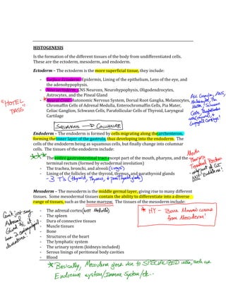  
 
HISTOGENESIS 
Is the formation of the different tissues of the body from undifferentiated cells.  
These are the ectoderm, mesoderm, and endoderm. 
Ectoderm – The ectoderm is the more superficial tissue, they include: 
‐ Surface Ectoderm: Epidermis, Lining of the epithelium, Lens of the eye, and 
the adenohypophysis. 
‐ Neuroectoderm: CNS Neurons, Neurohypophysis, Oligodendrocytes, 
Astrocytes, and the Pineal Gland 
‐ Neural Crest: Autonomic Nervous System, Dorsal Root Ganglia, Melanocytes, 
Chromaffin Cells of Adrenal Medulla, Enterochromaffin Cells, Pia Mater, 
Celiac Ganglion, Schwann Cells, Parafollicular Cells of Thyroid, Laryngeal 
Cartilage 
 
Endoderm – The endoderm is formed by cells migrating along the archenteron, 
forming the inner layer of the gastrula, thus developing into the endoderm.  The 
cells of the endoderm being as squamous cells, but finally change into columnar 
cells.  The tissues of the endoderm include: 
‐ The entire gastrointestinal tract except part of the mouth, pharynx, and the 
terminal rectum (formed by ectodermal involution) 
‐ The trachea, bronchi, and alveoli 
‐ Lining of the follicles of the thyroid, thymus, and parathyroid glands 
 
Mesoderm – The mesoderm is the middle germal layer, giving rise to many different 
tissues.  Some mesodermal tissues contain the ability to differentiate into a diverse 
range of tissues, such as the bone marrow.  The tissues of the mesoderm include: 
‐ The adrenal cortex 
‐ The spleen 
‐ Dura of connective tissues 
‐ Muscle tissues 
‐ Bone 
‐ Structures of the heart 
‐ The lymphatic system 
‐ The urinary system (kidneys included) 
‐ Serous linings of peritoneal body cavities 
‐ Blood 
 