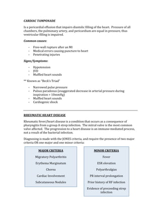 CARDIAC TAMPONADE 
Is a pericardial effusion that impairs diastolic filling of the heart.  Pressure of all 
chambers, the pulmonary artery, and pericardium are equal in pressure, thus 
ventricular filling is impaired. 
Common causes: 
‐ Free‐wall rupture after an MI 
‐ Medical errors causing puncture to heart 
‐ Penetrating injuries 
Signs/Symptoms: 
‐ Hypotension 
‐ JVD 
‐ Muffled heart sounds 
** Known as “Beck’s Triad” 
‐ Narrowed pulse pressure 
‐ Pulsus paradoxus (exaggerated decrease in arterial pressure during 
inspiration > 10mmHg) 
‐ Muffled heart sounds 
‐ Cardiogenic shock 
 
RHEUMATIC HEART DISEASE 
Rheumatic fever/heart disease is a condition that occurs as a consequence of 
pharyngitis from a group A strep infection.  The mitral valve is the most common 
valve affected.  The progression to a heart disease is an immune‐mediated process, 
not a result of the bacterial infection. 
Diagnosing is made with the JONES criteria, and require the presence of two major 
criteria OR one major and one minor criteria: 
  
 
 
 
 
 
MAJOR CRITERIA 
Migratory Polyarthritis 
Erythema Marginatum 
Chorea 
Cardiac Involvement 
Subcutaneous Nodules 
MINOR CRITERIA 
Fever 
ESR elevation 
Polyarthralgias 
PR interval prolongation 
Prior history of RF infection 
Evidence of preceeding strep 
infection 
 