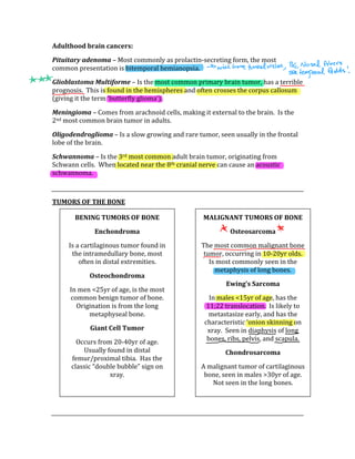 Adulthood brain cancers: 
Pituitary adenoma – Most commonly as prolactin‐secreting form, the most 
common presentation is bitemporal hemianopsia. 
Glioblastoma Multiforme – Is the most common primary brain tumor, has a terrible 
prognosis.  This is found in the hemispheres and often crosses the corpus callosum 
(giving it the term ‘butterfly glioma’). 
Meningioma – Comes from arachnoid cells, making it external to the brain.  Is the 
2nd most common brain tumor in adults. 
Oligodendroglioma – Is a slow growing and rare tumor, seen usually in the frontal 
lobe of the brain. 
Schwannoma – Is the 3rd most common adult brain tumor, originating from 
Schwann cells.  When located near the 8th cranial nerve can cause an acoustic 
schwannoma. 
 
TUMORS OF THE BONE 
 
 
 
 
 
 
 
 
 
 
 
 
 
 
 
BENING TUMORS OF BONE 
Enchondroma 
Is a cartilaginous tumor found in 
the intramedullary bone, most 
often in distal extremities. 
Osteochondroma 
In men <25yr of age, is the most 
common benign tumor of bone.  
Origination is from the long 
metaphyseal bone. 
Giant Cell Tumor 
Occurs from 20‐40yr of age.  
Usually found in distal 
femur/proximal tibia.  Has the 
classic “double bubble” sign on 
xray. 
MALIGNANT TUMORS OF BONE 
Osteosarcoma 
The most common malignant bone 
tumor, occurring in 10‐20yr olds.  
Is most commonly seen in the 
metaphysis of long bones. 
Ewing’s Sarcoma 
In males <15yr of age, has the 
11;22 translocation.  Is likely to 
metastasize early, and has the 
characteristic ‘onion skinning on 
xray.  Seen in diaphysis of long 
bones, ribs, pelvis, and scapula. 
Chondrosarcoma 
A malignant tumor of cartilaginous 
bone, seen in males >30yr of age.  
Not seen in the long bones. 
 