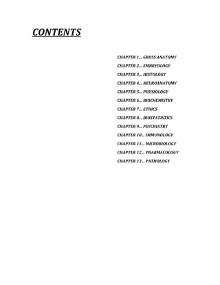 CONTENTS 
 
           
 
 
 
 
 
 
 
 
 
 
 
 
 
 
 
 
 
 
 
 
 
 
CHAPTER 1… GROSS ANATOMY 
CHAPTER 2… EMBRYOLOGY 
CHAPTER 3… HISTOLOGY 
CHAPTER 4… NEUROANATOMY 
CHAPTER 5… PHYSIOLOGY 
CHAPTER 6… BIOCHEMISTRY 
CHAPTER 7… ETHICS 
CHAPTER 8… BIOSTATISTICS 
CHAPTER 9… PSYCHIATRY 
CHAPTER 10… IMMUNOLOGY 
CHAPTER 11… MICROBIOLOGY 
CHAPTER 12… PHARMACOLOGY 
CHAPTER 13… PATHOLOGY 
 