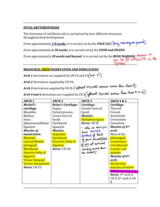  
FETAL ERYTHROPOIESIS 
The formation of red blood cells is carried out by four different structures 
throughout fetal development. 
From approximately 3­8 weeks, it is carried out by the YOLK SAC 
From approximately 6­30 weeks, it is carried out by the LIVER and SPLEEN 
From approximately 28 weeks and beyond, it is carried out by the BONE MARROW 
 
BRANCHIAL ARCH INNERVATION AND DERIVATIVES 
Arch 1 derivatives are supplied by CN V2 and V3 
Arch 2 derivatives supplied by CN VII 
Arch 3 derivatives supplied by CN IX 
Arch 4 and 6 derivatives are supplied by CN X 
ARCH 1  ARCH 2  ARCH 3   ARCH 4 & 6 
Meckel’s 
cartilage: 
Mandible 
Malleus 
Incus 
Sphenomandibular 
ligament 
Muscles of 
mastication: 
Masseter 
Lateral/Medial 
pterygoid 
Mylohyoid 
Anterior belly of 
digastric 
Tensor tympani 
Tensor veli palatini 
Nerve: CN V3 
Reiter’s Cartilage: 
Stapes 
Styloid process 
Lesser horn of 
hyoid 
Stylohyoid 
ligament 
Muscles: 
Stapedius 
Stylohyoid 
Posterior belly of 
digastric 
Nerve: CN VII 
Cartilage: 
Greater horn of 
hyoid 
Muscles: 
Stylopharyngeus 
Nerve: CN IX 
Cartilage: 
Thyroid 
Cricoid 
Arytenoids 
Corniculate 
Cuneiform 
Muscles of 4th 
arch: 
Most of the 
pharyngeal 
constrictors 
Cricothyroid 
Levator veli 
palatini 
Muscles of 6th 
arch: 
All intrinsic 
muscles of larynx 
except cricothyroid 
Nerve: 4th arch is 
CN X, 6th arch is CN 
X 
 
 