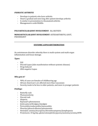 PSORIATIC ARTHRITIS 
‐ Develops in patients who have arthritis 
‐ Onset is gradual and seen long after patient develops arthritis 
‐ Is similar in presentation to rheumatoid arthritis 
‐ Management is with NSAIDs 
 
POLYARTICULAR JOINT INVOLVEMENT:  RA, REITER’S  
MONOARTICULAR JOINT INVOLVEMENT: OSTEOARTHRITIS, GOUT, 
PSEUDOGOUT 
 
SYSTEMIC LUPUS ERYTHEMATOUS 
 
An autoimmune disorder whereby there is multi‐system and multi‐organ 
inflammation and tissue damage. 
Types: 
‐ SLE 
‐ Discoid Lupus (skin manifestation without systemic disease) 
‐ Drug‐Induced 
‐ ANA‐negative Lupus 
 
Who gets it? 
‐ 90% of cases are females of childbearing age 
‐ African‐American’s are affected more than Caucasians 
‐ Severity tends to be less in older patients, and more in younger patients 
Findings: 
‐ Butterfly rash 
‐ Photosensitivity 
‐ Discoid rash 
‐ Alopecia 
‐ Raynaud’s phenomenon 
‐ Joints pain/arthralgias/myalgias 
‐ Pericarditis/endocarditis/myocarditis 
‐ Pleuritis/pleural effusion/pneumonitis 
‐ Hemolytic anemia/leucopenia/thrombocytopenia/lymphopenia 
‐ Proteinuria >0.5g/day, glomerulonephritis/pyuria/azotemia/uremia/HTN 
 