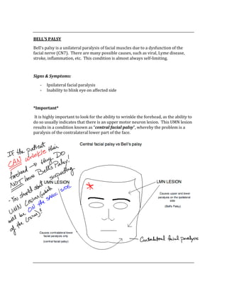  
BELL’S PALSY 
Bell’s palsy is a unilateral paralysis of facial muscles due to a dysfunction of the 
facial nerve (CN7).  There are many possible causes, such as viral, Lyme disease, 
stroke, inflammation, etc.  This condition is almost always self‐limiting. 
 
Signs & Symptoms: 
‐ Ipsilateral facial paralysis 
‐ Inability to blink eye on affected side 
 
*Important* 
 It is highly important to look for the ability to wrinkle the forehead, as the ability to 
do so usually indicates that there is an upper motor neuron lesion.  This UMN lesion 
results in a condition known as “central facial palsy”, whereby the problem is a 
paralysis of the contralateral lower part of the face. 
 
 
 