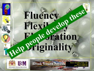 Robert Alan Black, Ph.D., CSP
alan @ cre8ng.com
http://www.cre8ng.com
Break Your CrayonsBreak Your Crayons
Fluency
Flexibility
Elaboration
Originality
Help people develop these
 