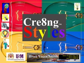 Robert Alan Black, Ph.D., CSP
alan @ cre8ng.com
http://www.cre8ng.com
Break Your CrayonsBreak Your Crayons
Styles
Cre8ng™
 