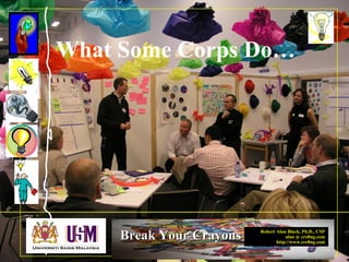 Robert Alan Black, Ph.D., CSP
alan @ cre8ng.com
http://www.cre8ng.com
Break Your CrayonsBreak Your Crayons
What Some Corps Do…
 