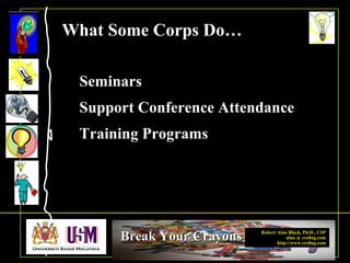 Robert Alan Black, Ph.D., CSP
alan @ cre8ng.com
http://www.cre8ng.com
Break Your CrayonsBreak Your Crayons
Seminars
Support Conference Attendance
Training Programs
What Some Corps Do…
 