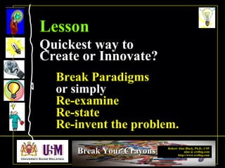 Robert Alan Black, Ph.D., CSP
alan @ cre8ng.com
http://www.cre8ng.com
Break Your CrayonsBreak Your Crayons
Break Paradigms
or simply
Re-examine
Re-state
Re-invent the problem.
Lesson
Quickest way to
Create or Innovate?
 