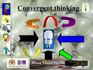 Robert Alan Black, Ph.D., CSP
alan @ cre8ng.com
http://www.cre8ng.com
Break Your CrayonsBreak Your Crayons
Convergent thinking
 